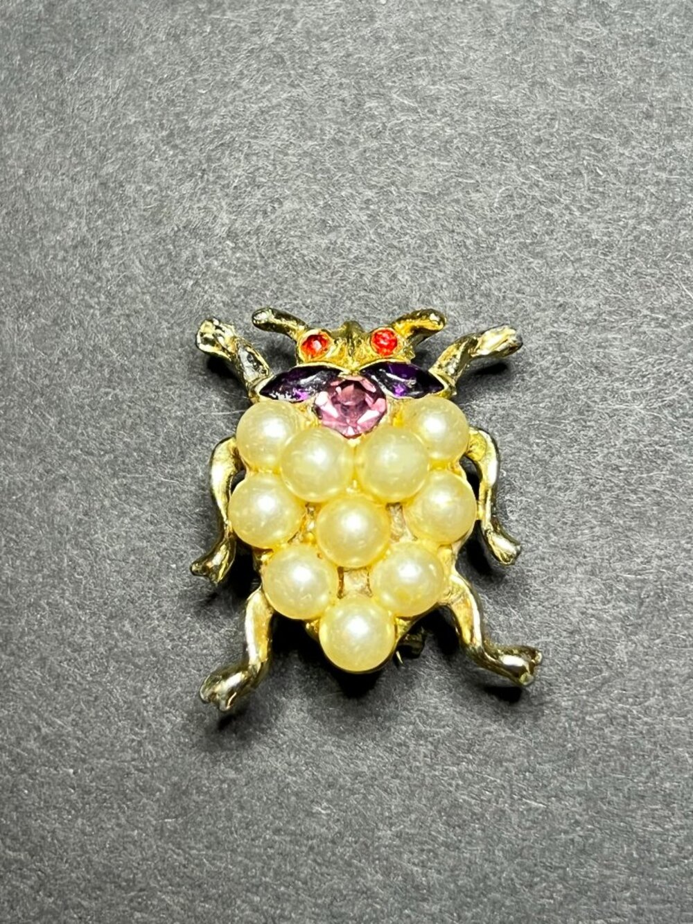 Vintage Gold Tone Faux Pearl Cluster Purple Rhinestone & Red Eye Beetle Brooch